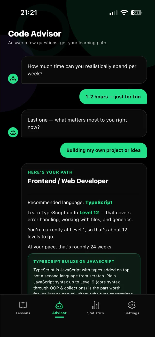 Swipe Coding: Code Advisor builds your path